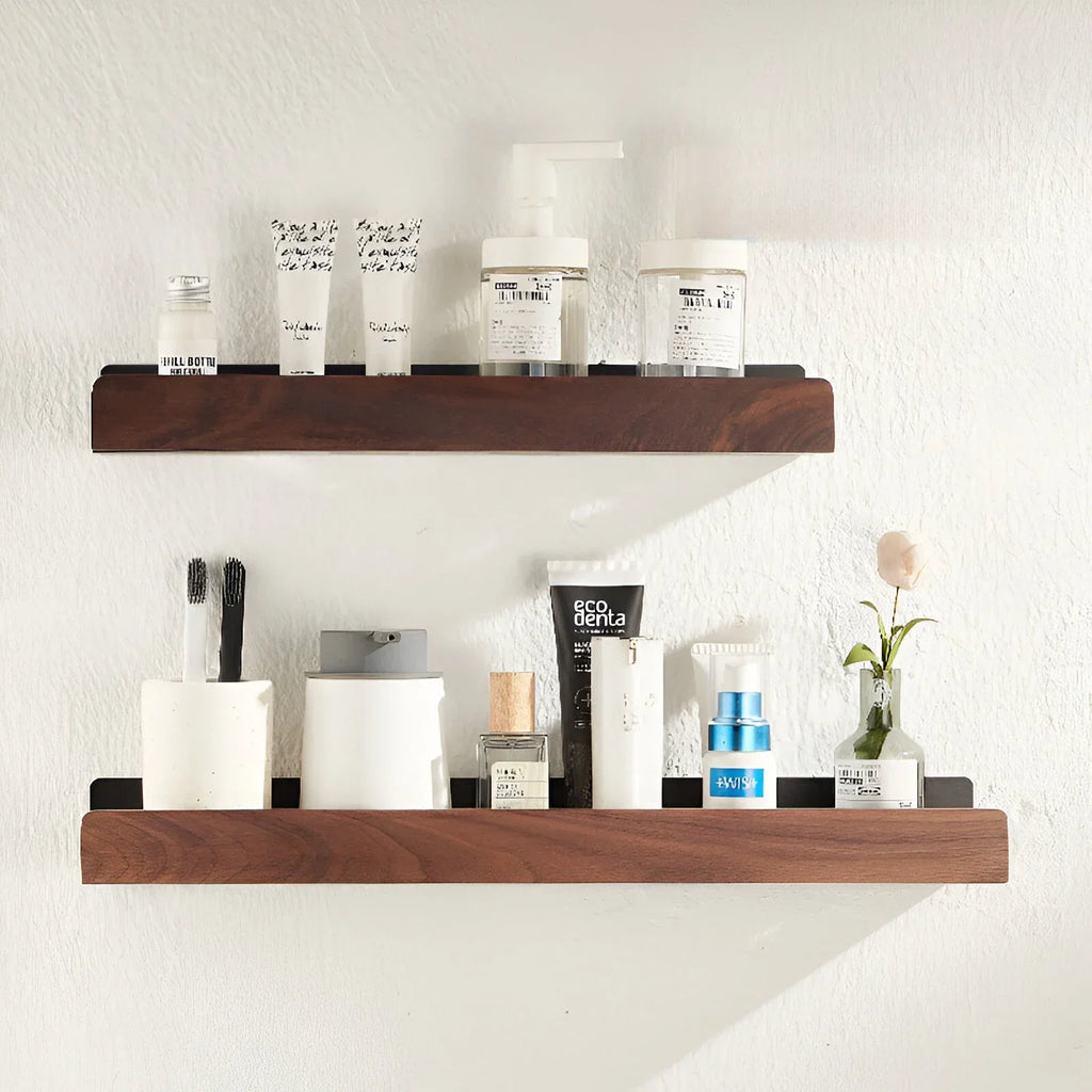 Walnut Bathroom Shelf, Wall-Mounted Wood & Metal Shelf