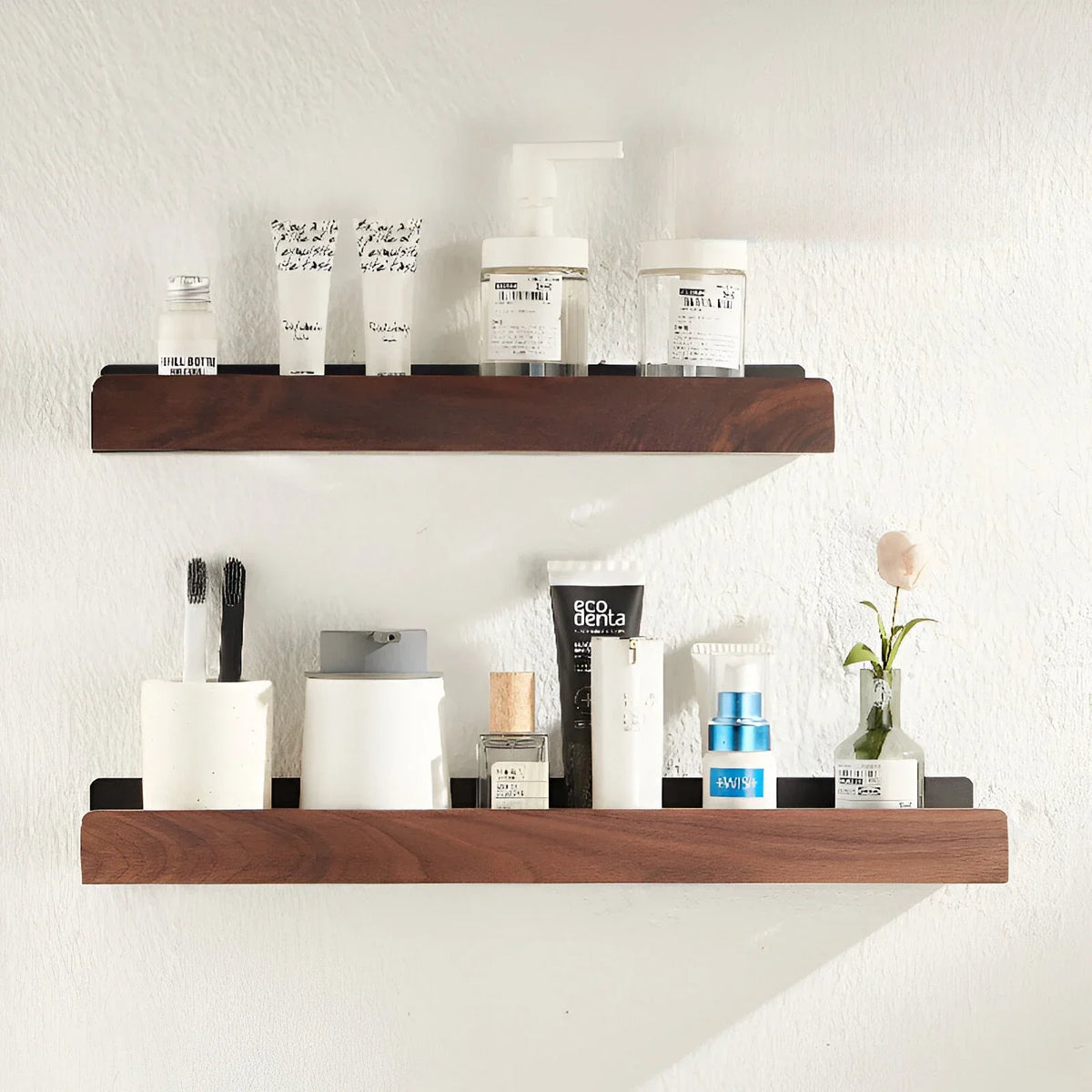 Walnut Bathroom Shelf, Wall-Mounted Wood & Metal Shelf