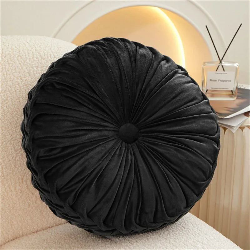 Pleated Velvet Pumpkin Pillow, Round Tufted Throw Cushion