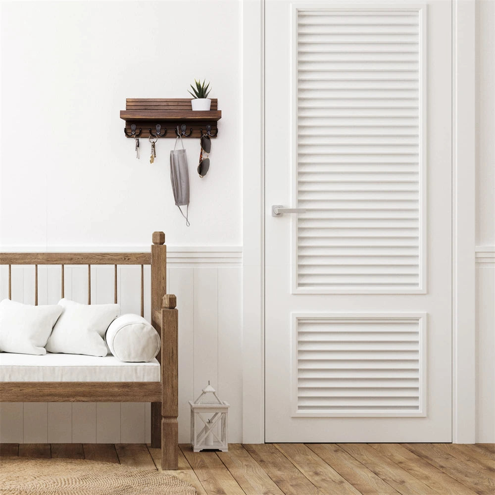 Rustic Wall Key Holder, Wooden Mail Shelf with 4 Hooks