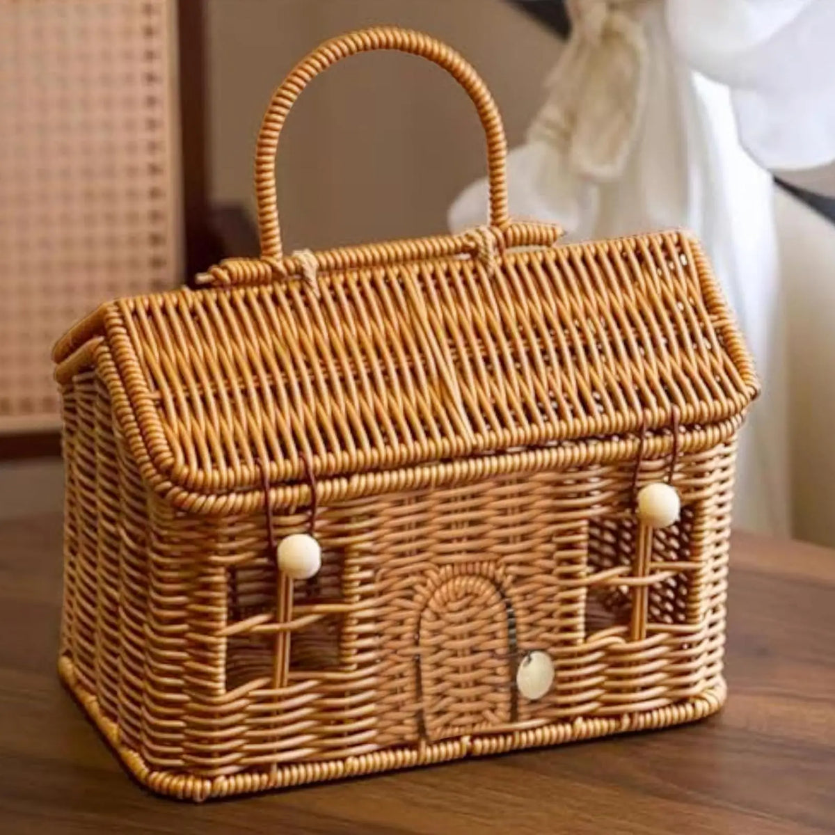 Cottage House Basket, Woven Storage Basket with Lid