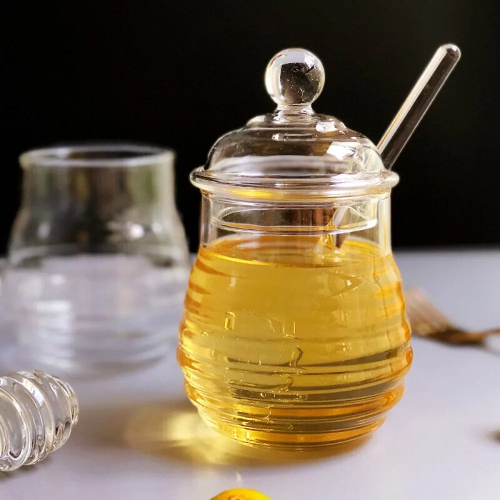 Beehive Glass Honey Pot, Honey Jar with Dipper
