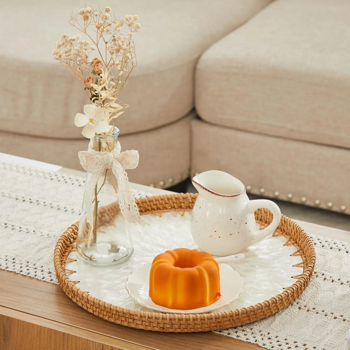 Rattan Pearl Tray, Round Woven Tray with Mother-of-Pearl