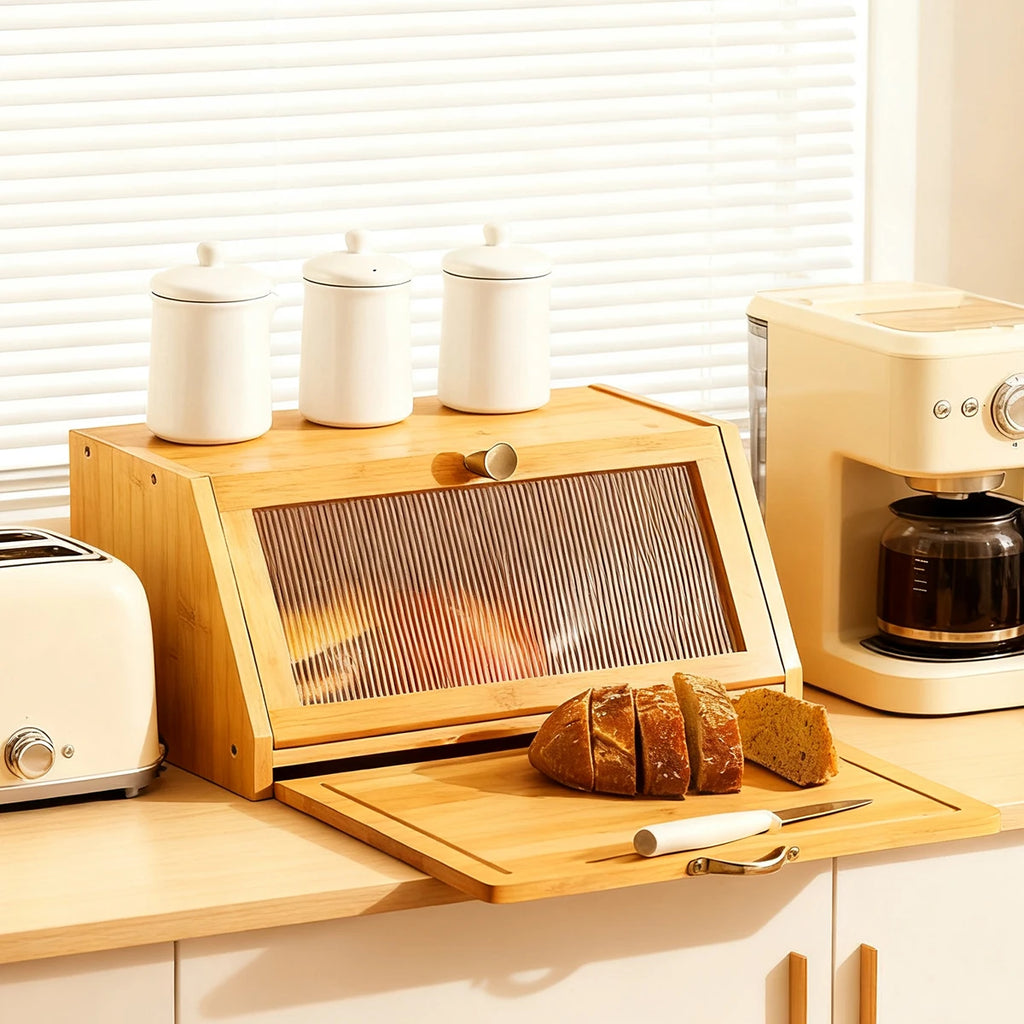 Bamboo Bread Box with Cutting Board, Countertop Bread Bin