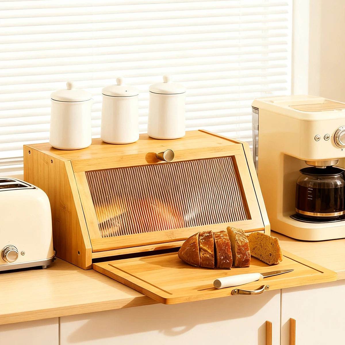 Bamboo Bread Box with Cutting Board, Countertop Bread Bin