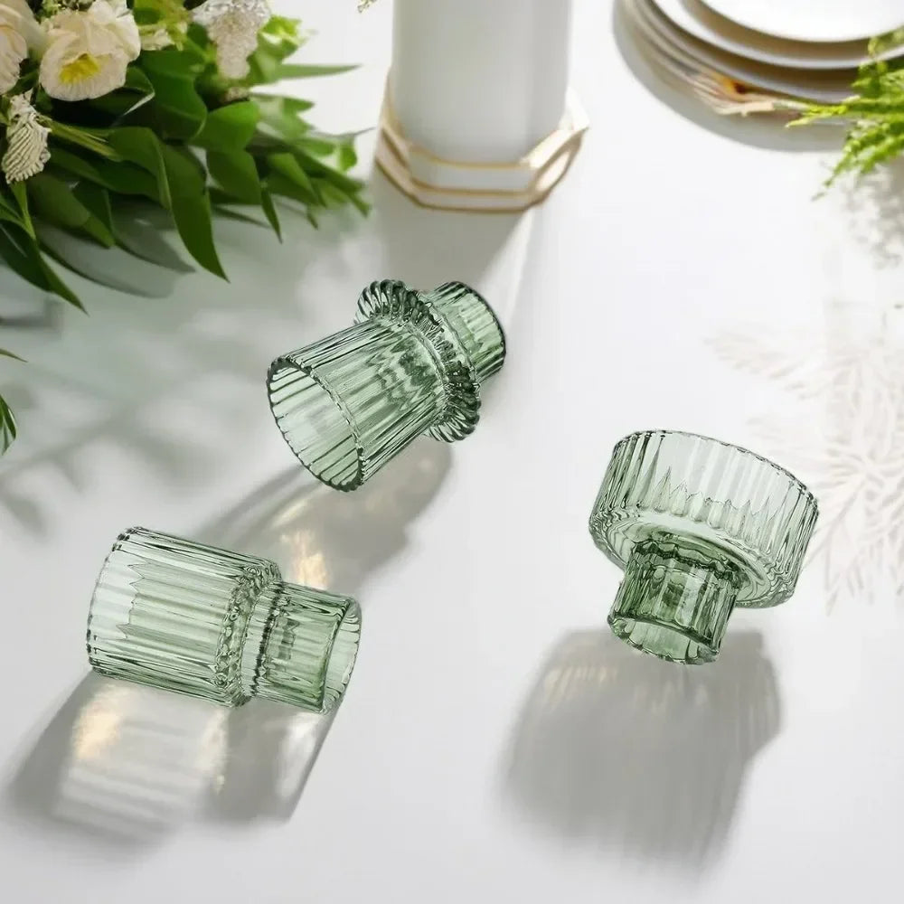 Ribbed Glass Candle Holders, Taper & Tealight Set of 3