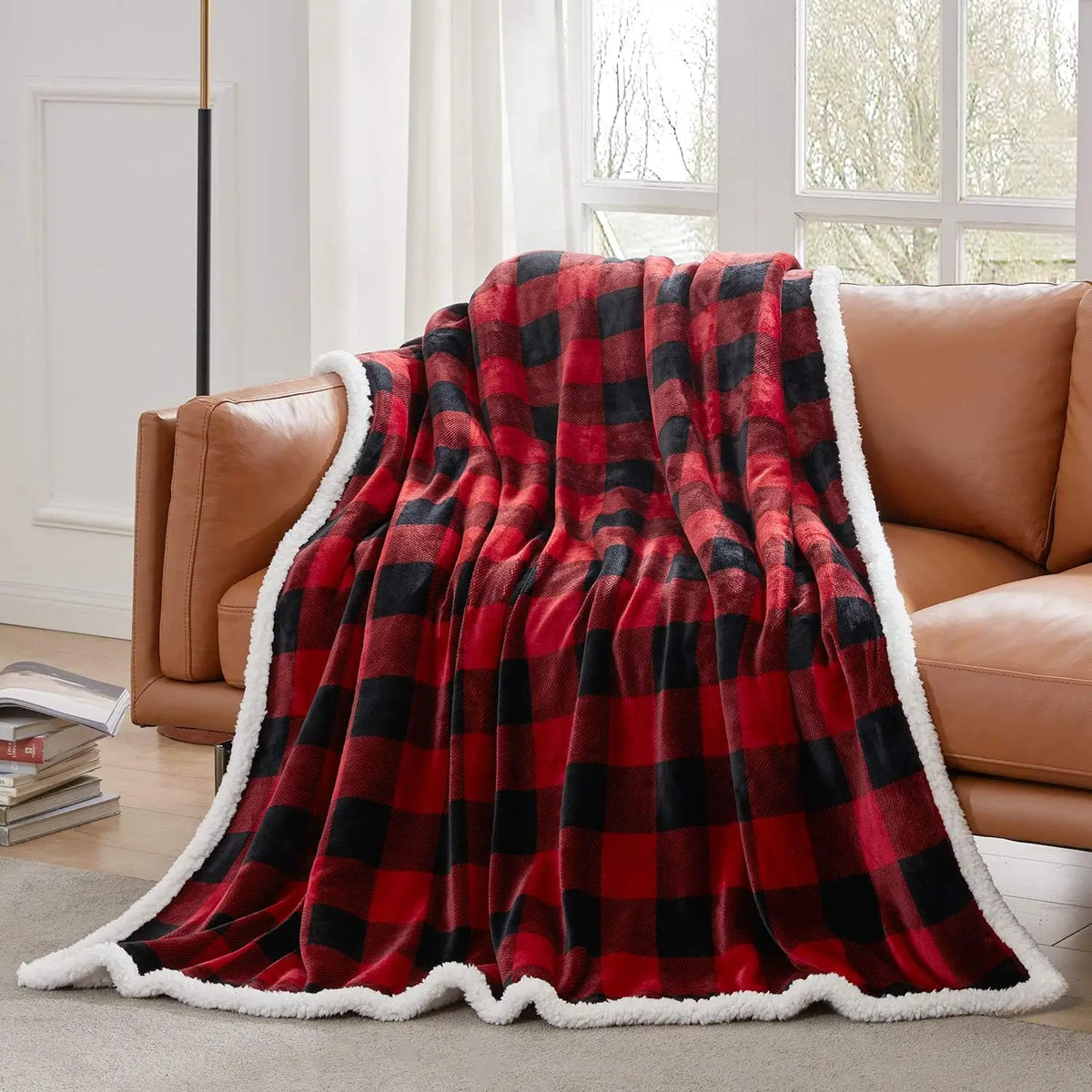 Buffalo Plaid Sherpa Throw, Red & Black Plush Blanket