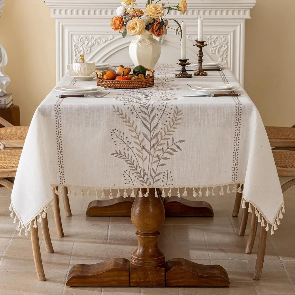 Embroidered Linen Tablecloth, Farmhouse Table Cover with Tassels