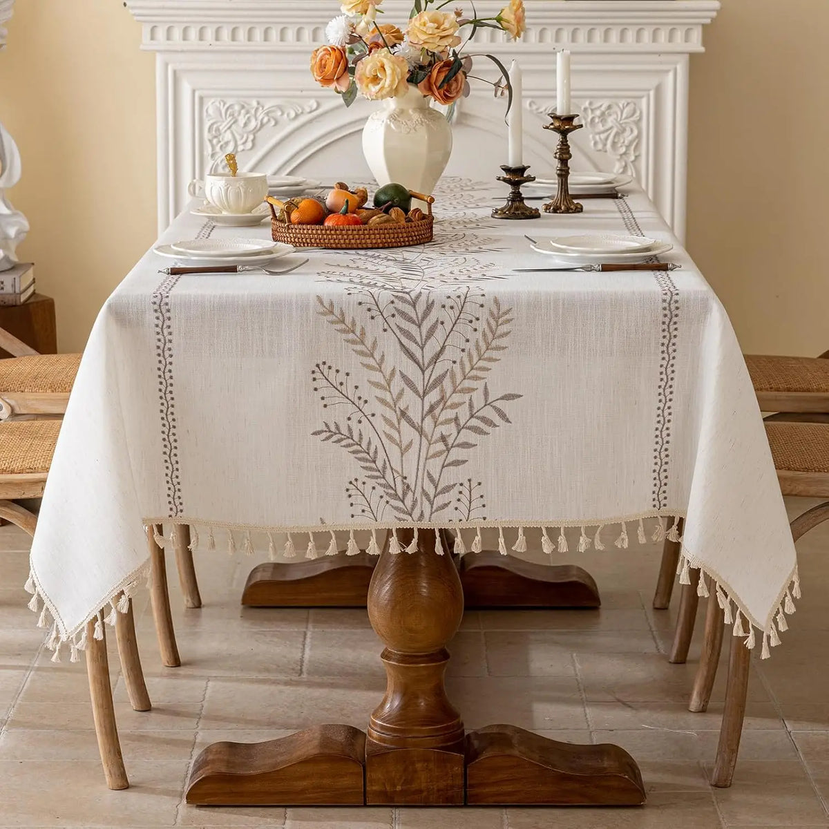 Embroidered Linen Tablecloth, Farmhouse Table Cover with Tassels