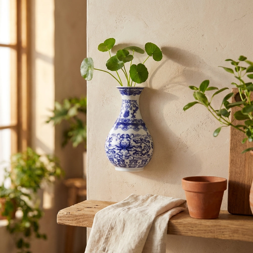 Blue and white porcelain wall vase with green cuttings on a plaster wall