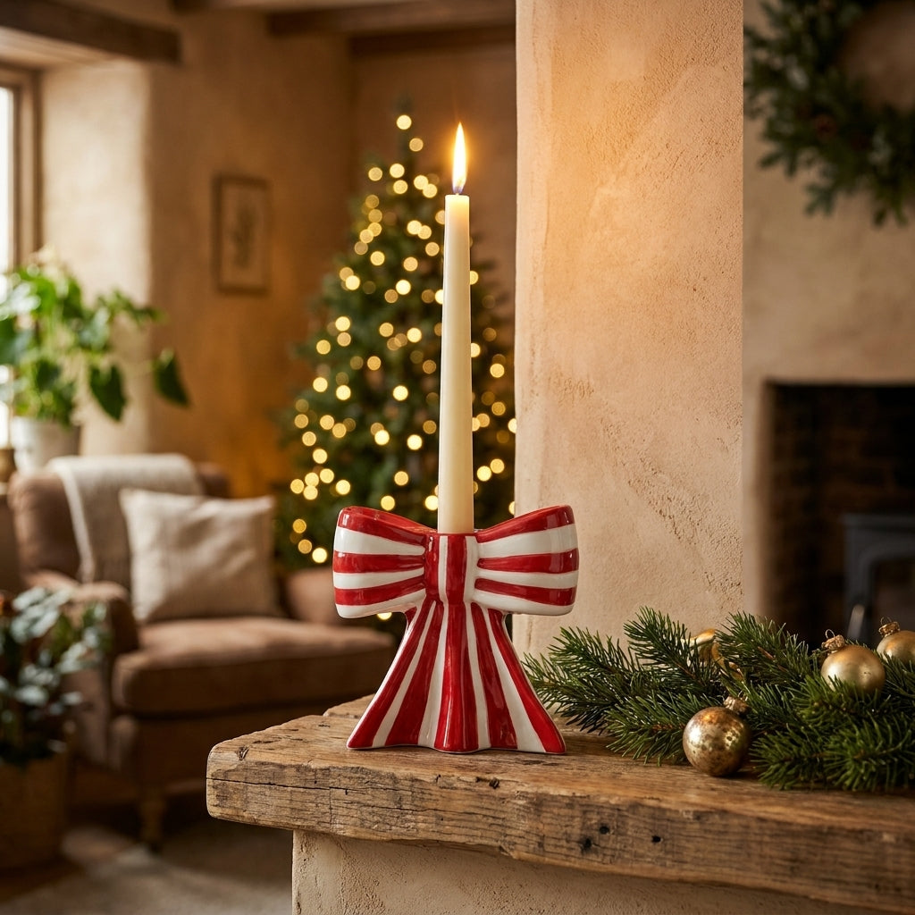 Red striped ceramic bow candle holder with a lit taper on a rustic mantel