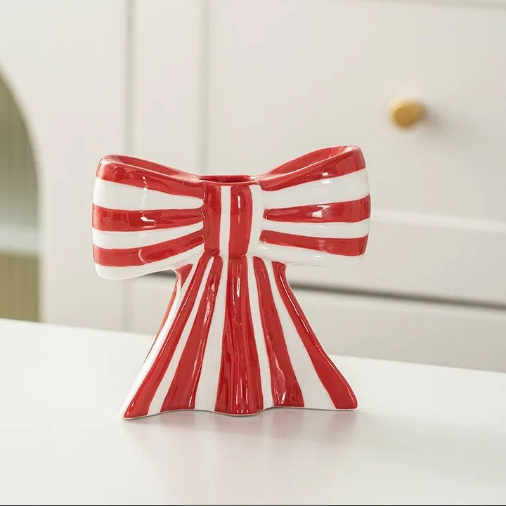 Striped ceramic bow candle holder in red