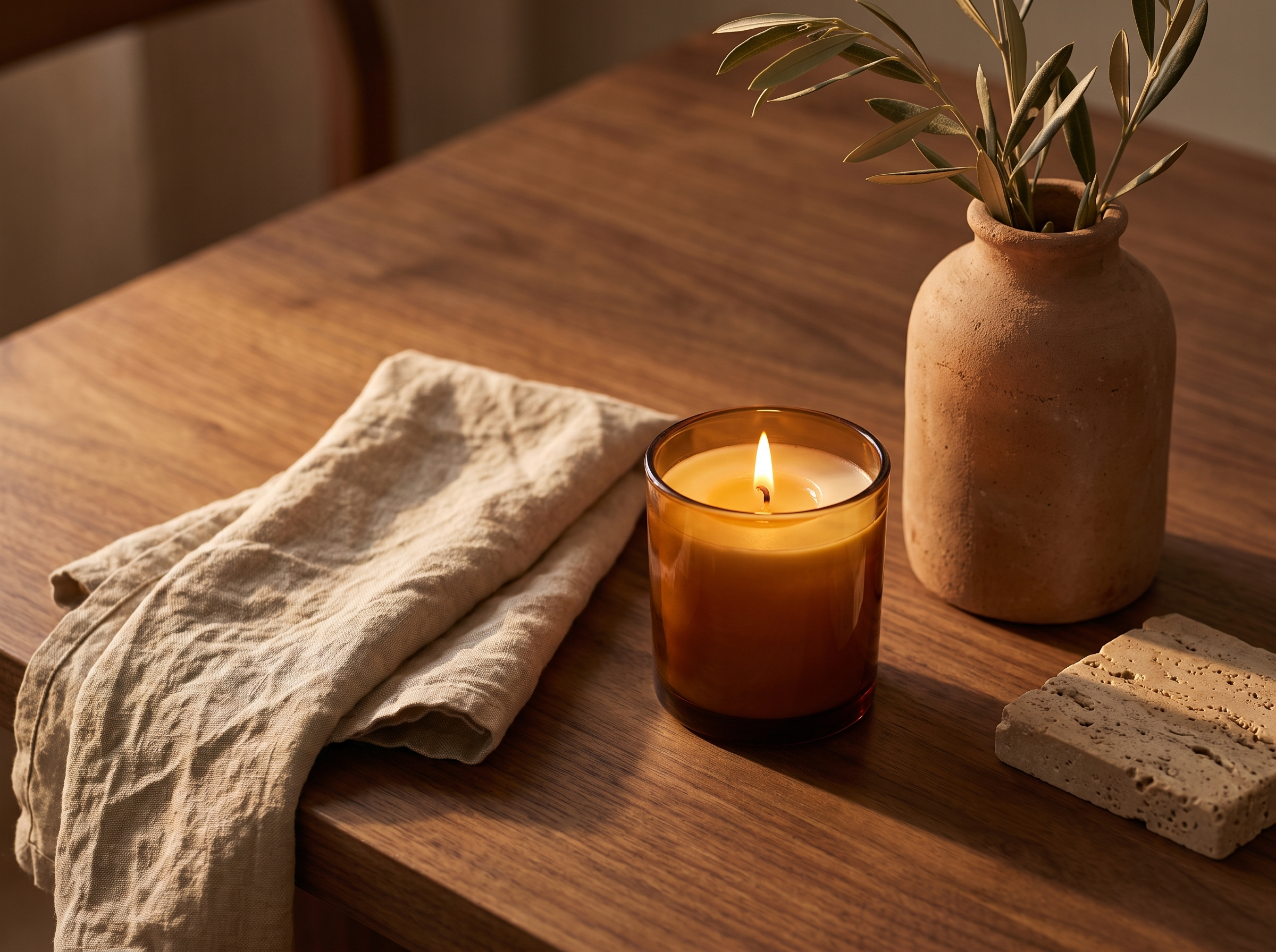 Close up of candle, linen napkin and clay vase on a walnut surface