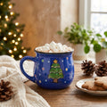 Blue Christmas tree ceramic mug with hot cocoa and marshmallows