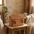 Woven cottage house basket on a rustic wooden side table