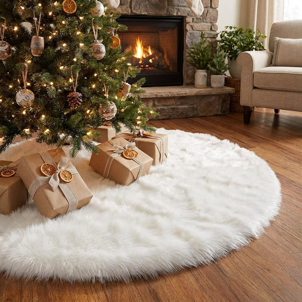 White faux fur tree skirt under a Christmas tree with wrapped gifts