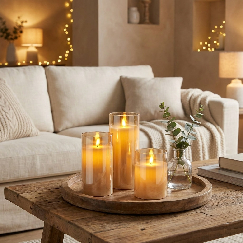 Warmwood cover - Real Wax Flameless Pillar Candles, Set of 3 in Glass
