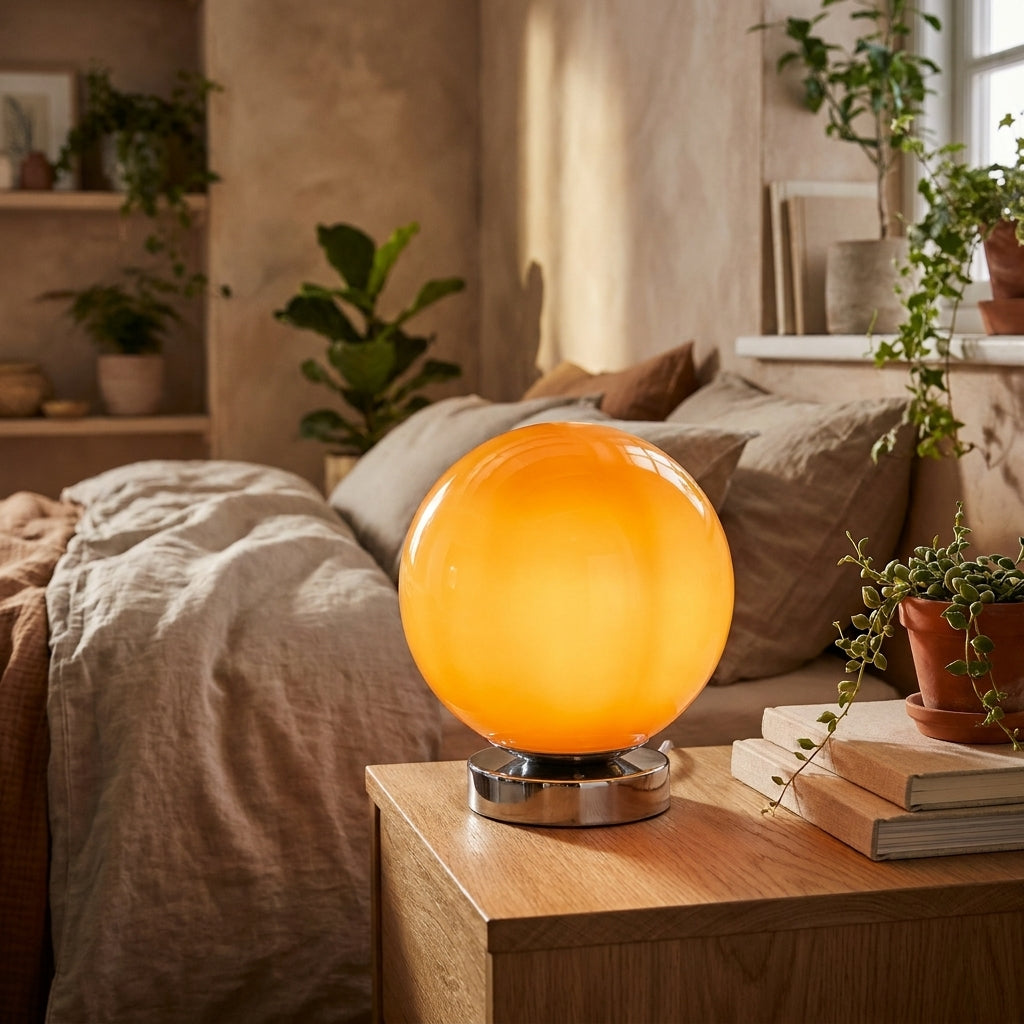 Orange glass balloon table lamp glowing on a wooden bedside table
