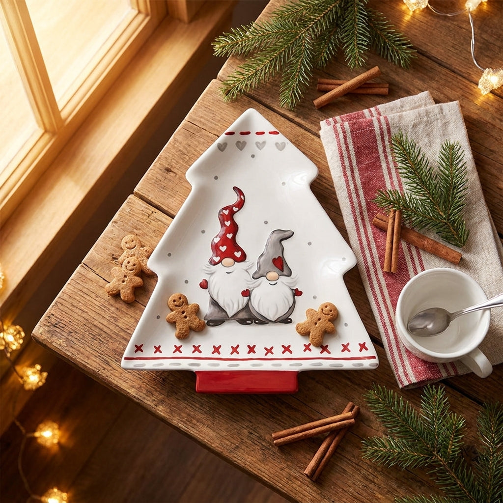 Gnome Christmas tree ceramic dish with gingerbread cookies on a wooden table