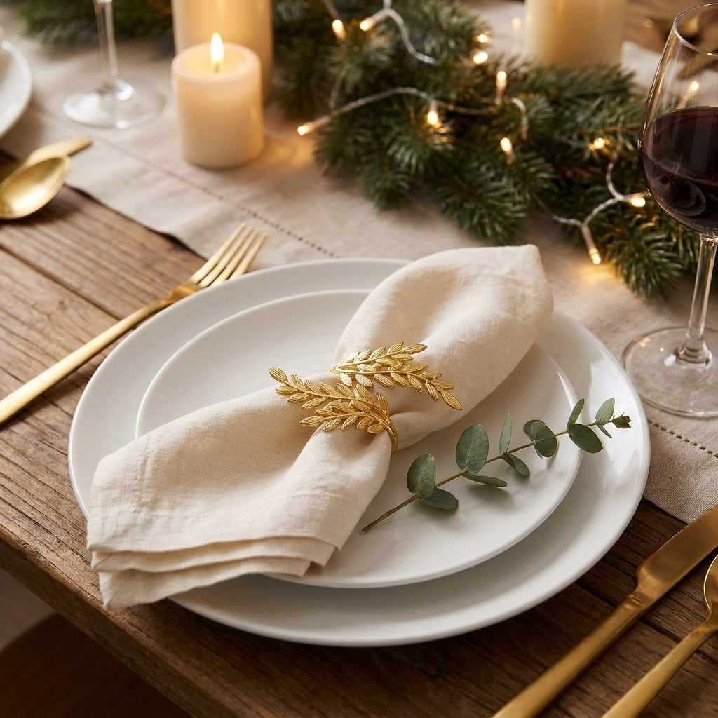 Gold leaf napkin ring on a linen napkin at a holiday table