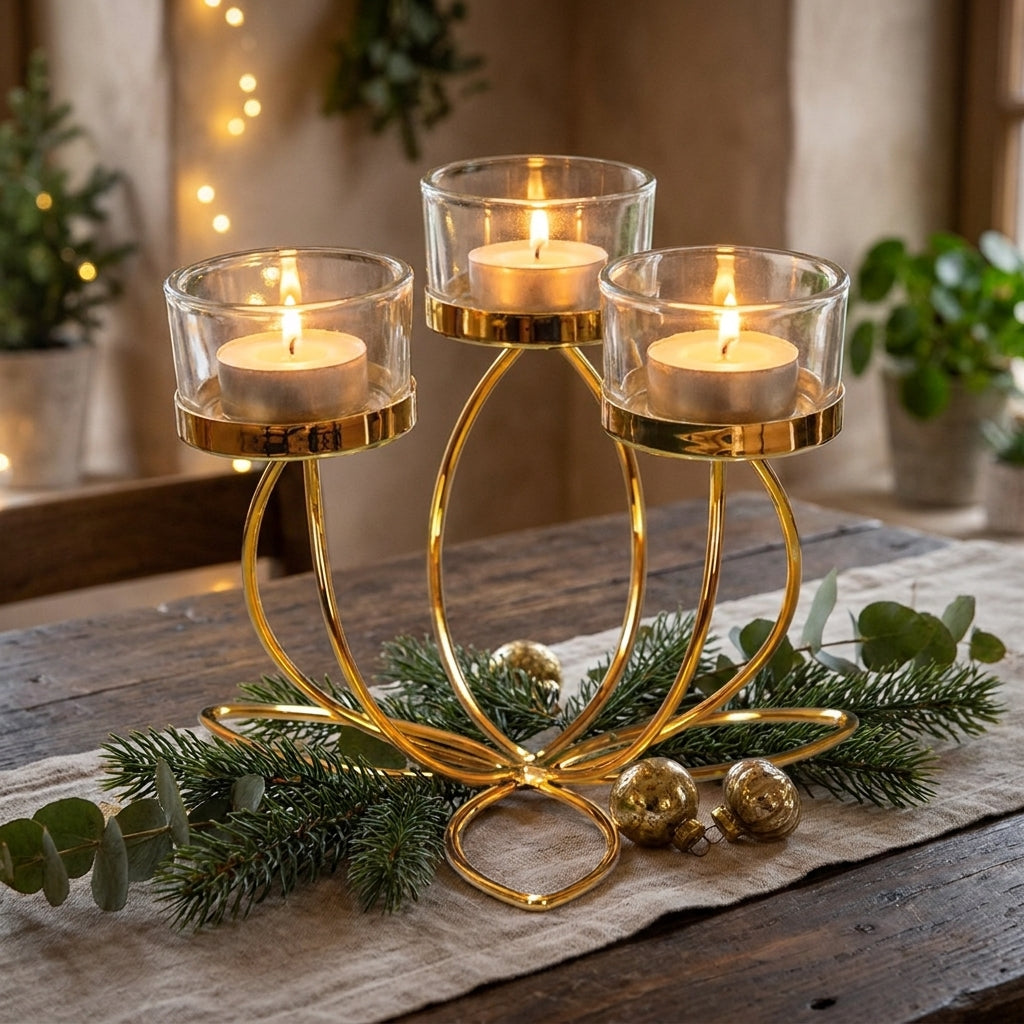 Gold lotus tealight holder with three lit candles on a rustic dining table
