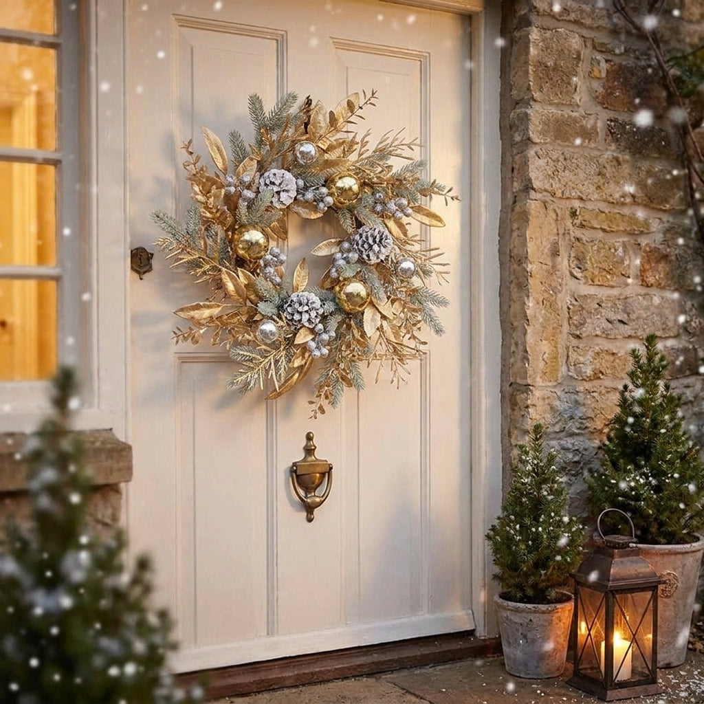 Gold and sage Christmas wreath on a white cottage front door