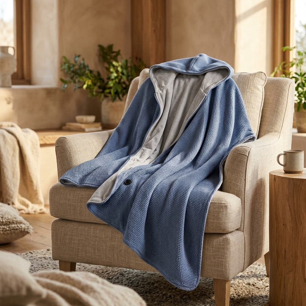 Blue heated hooded wrap draped over a cozy linen armchair