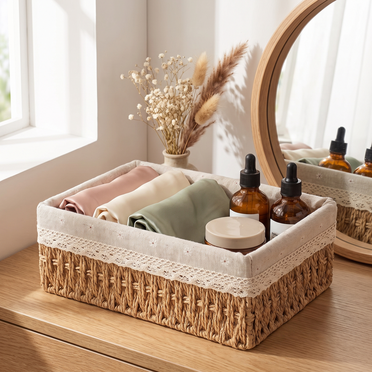 Rattan Storage Basket with Lace Liner
