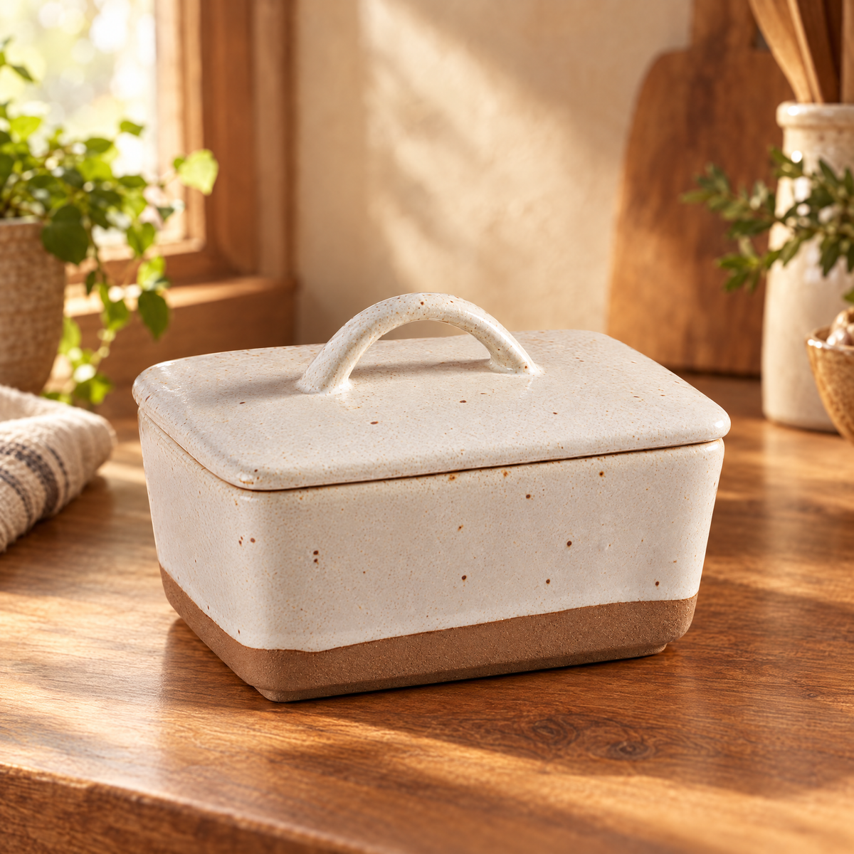 Speckled ceramic butter dish with lid
