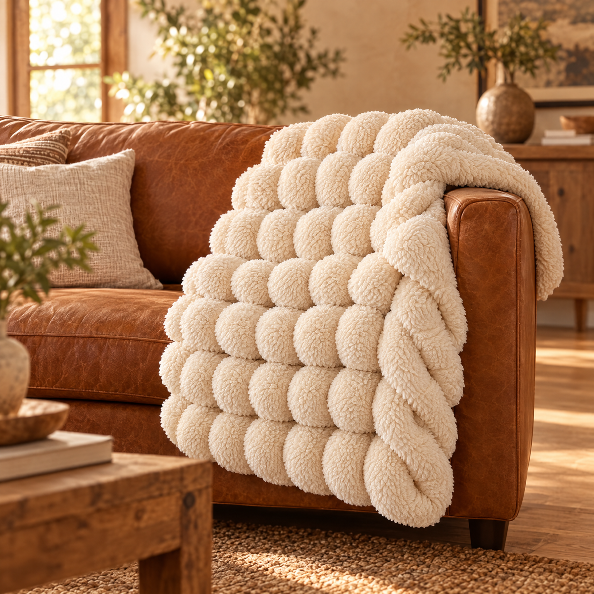 Cream fuzzy throw blanket
