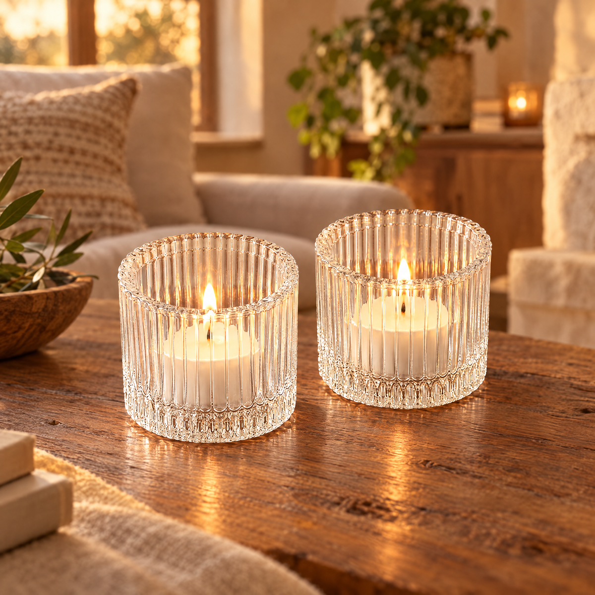 Ribbed glass tealight holders, set of 2