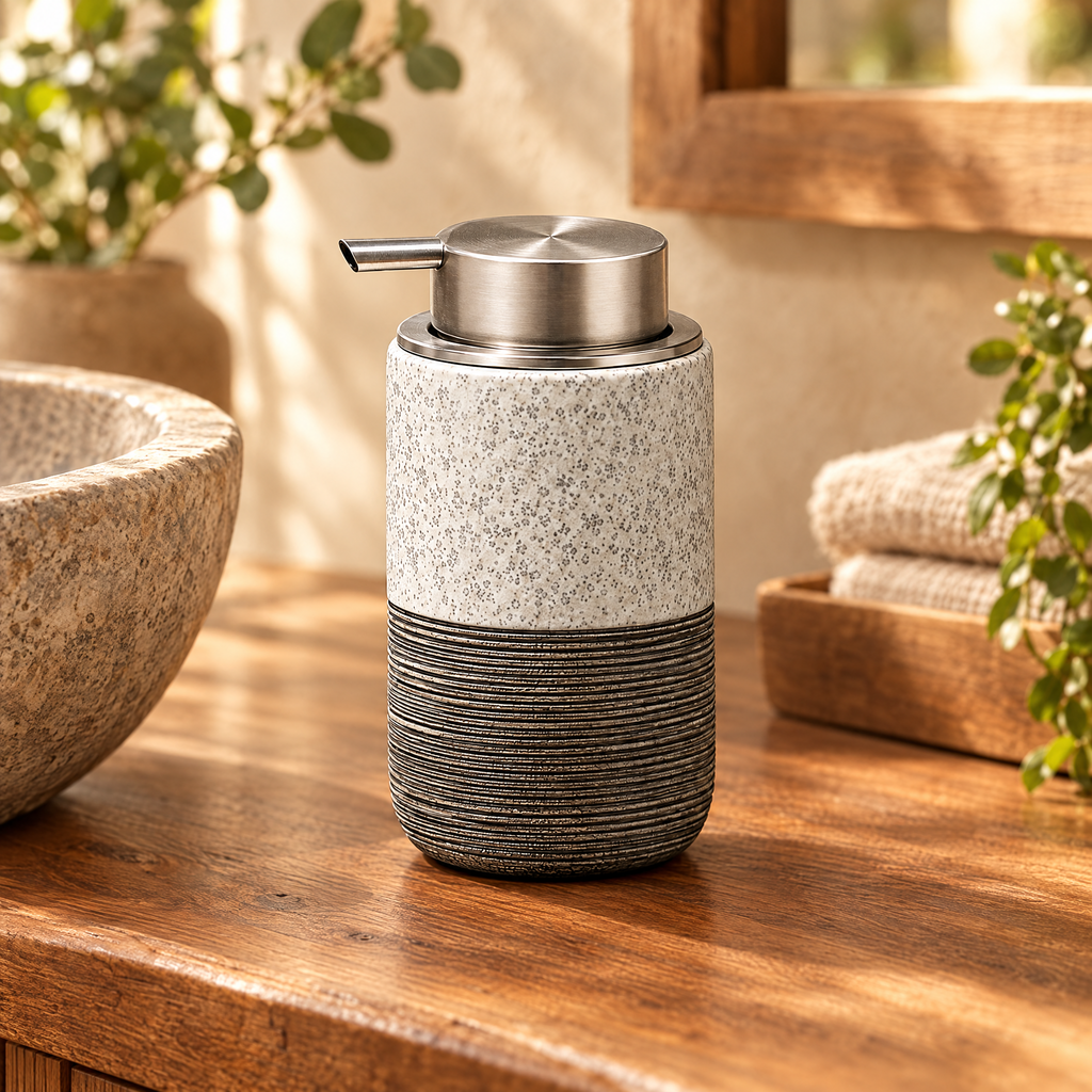 Speckled gray ceramic soap dispenser