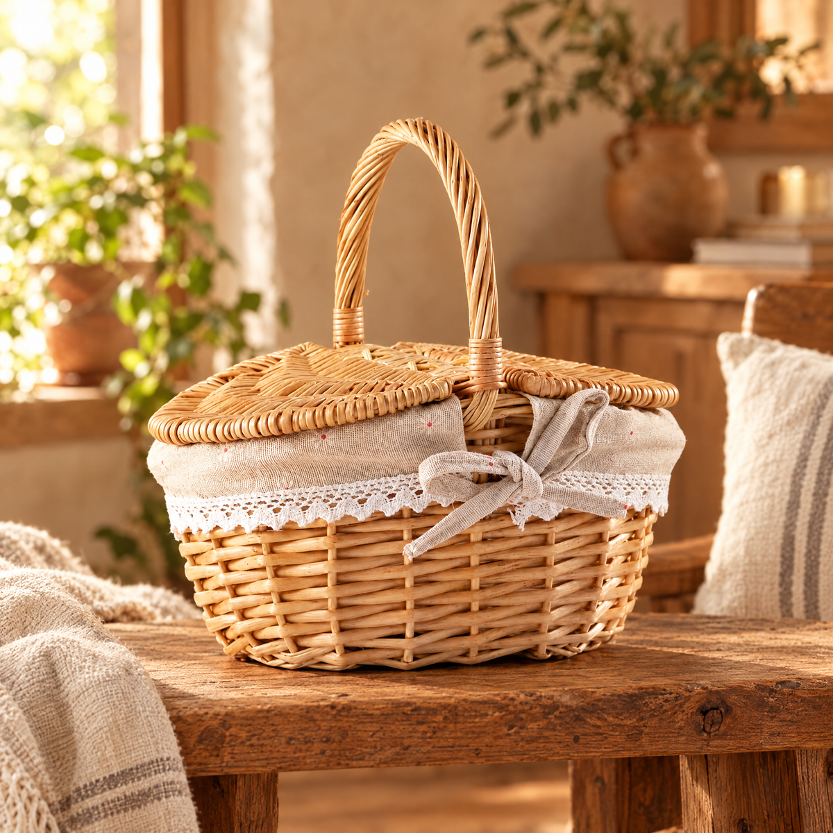 Small wicker picnic basket with lace liner