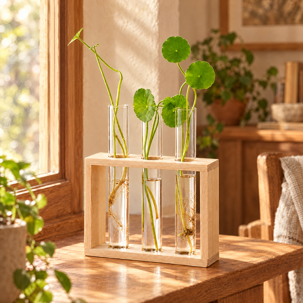 Glass tube propagation station herb planter