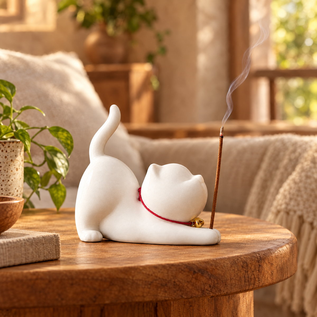 White ceramic cat incense holder