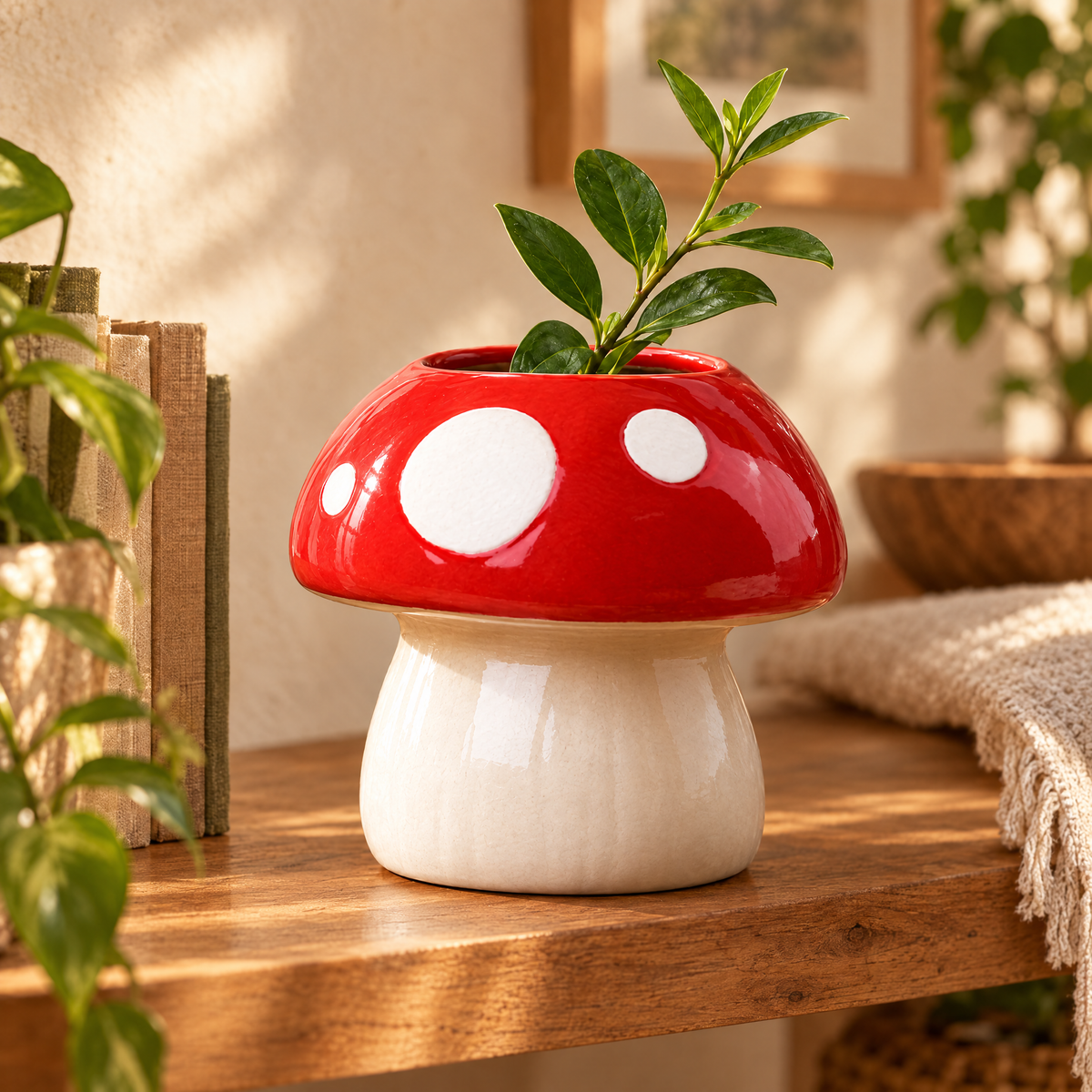 Red polka dot mushroom ceramic vase
