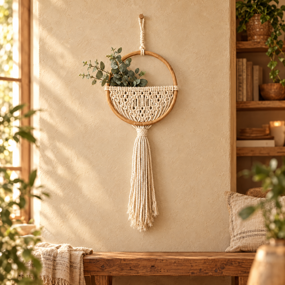 round macrame wall hanging with a small plant