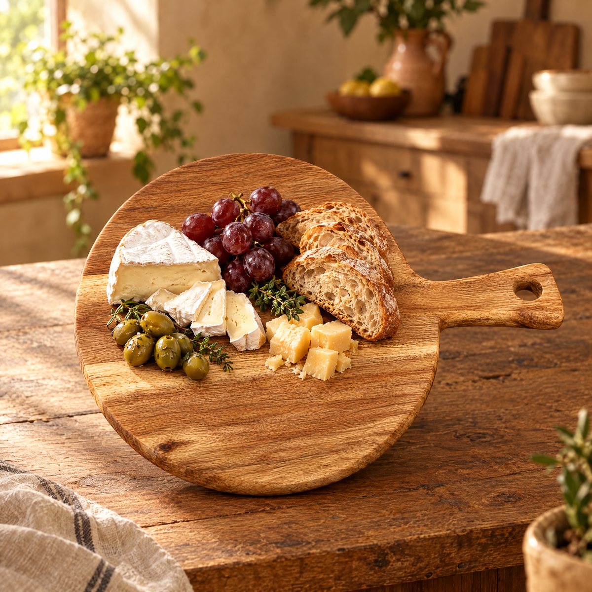 round acacia wood cutting board with handle