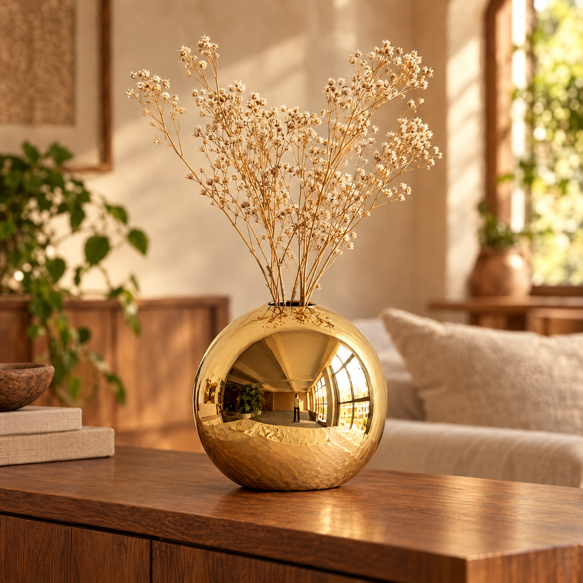 round gold metallic ceramic sphere vase with dried flowers