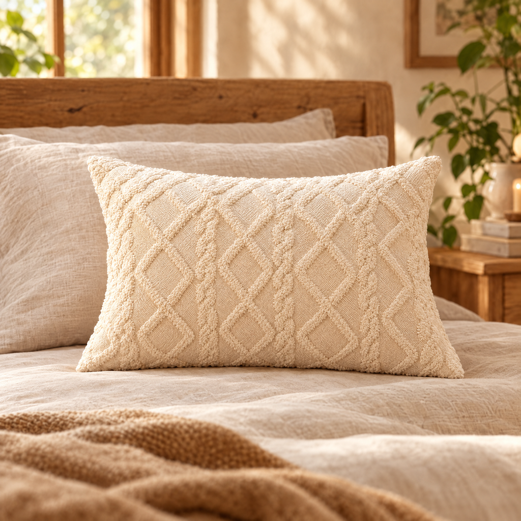 cream textured knit velvet pillowcase on a pillow