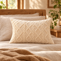 cream textured knit velvet pillowcase on a pillow