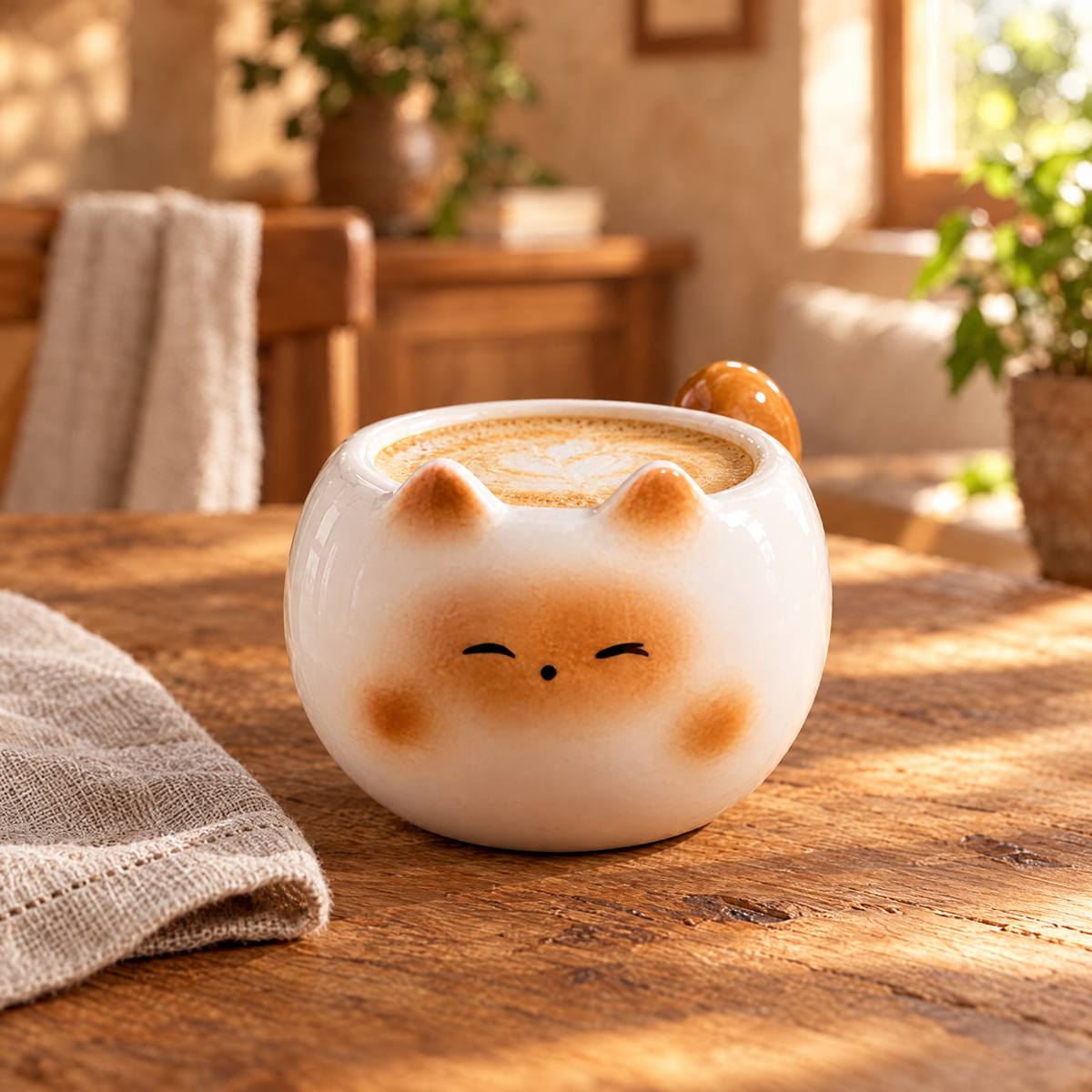 cute ceramic kitten coffee cup filled with a latte