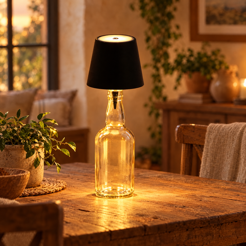cordless black bottle lamp glowing on a glass bottle on a dining table