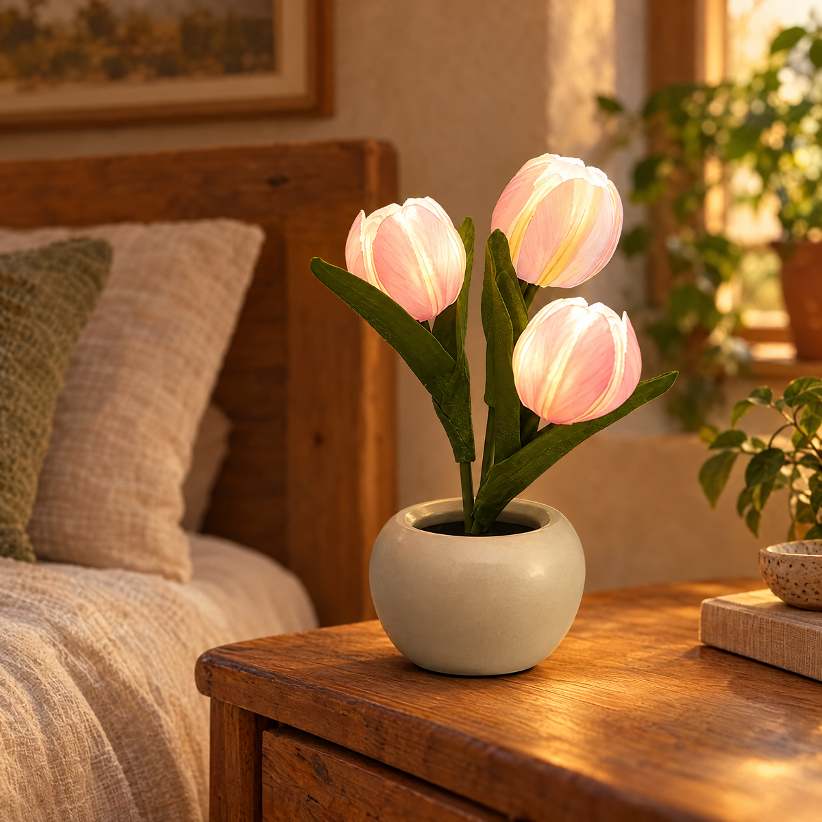 pink LED tulip lamp in a ceramic pot glowing on a bedside table