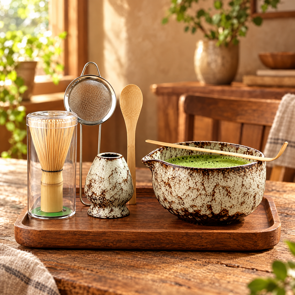 Japanese matcha tea set with ceramic bowl, bamboo whisk, whisk holder, scoop and sieve on a wooden tray