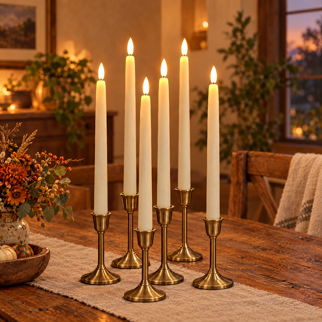 six ivory flameless LED taper candles in brass candlesticks on a rustic dining table