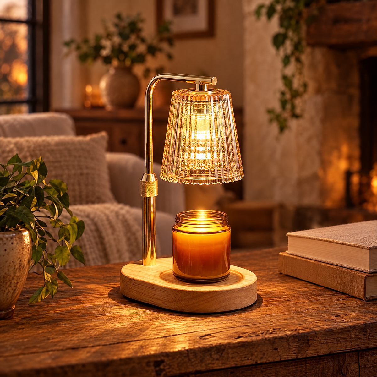 candle warmer lamp with fluted glass shade warming a jar candle