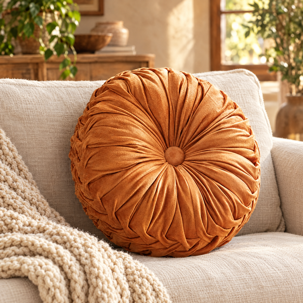 round pleated orange velvet pumpkin pillow on a linen sofa