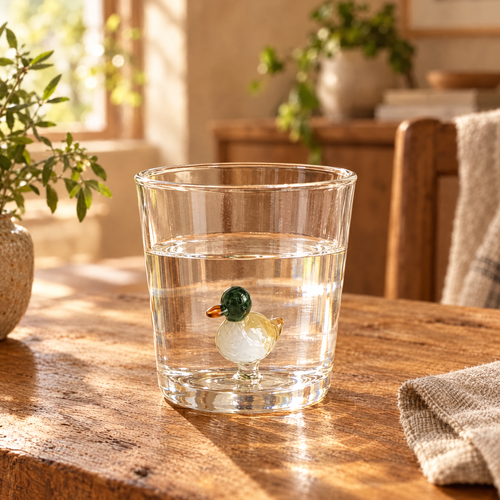 clear glass cup with a tiny 3D glass duck inside on a wooden table