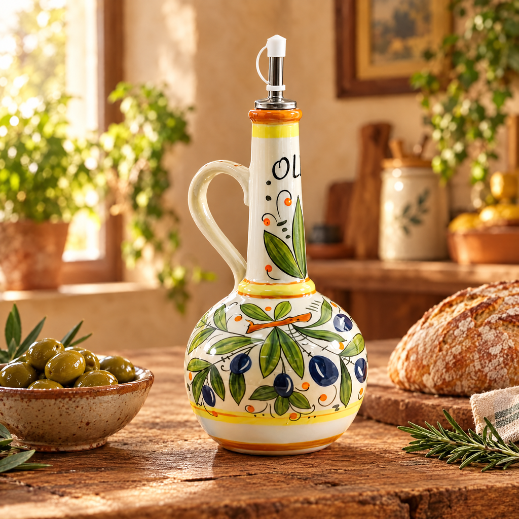 hand-painted ceramic olive oil bottle on a rustic kitchen counter